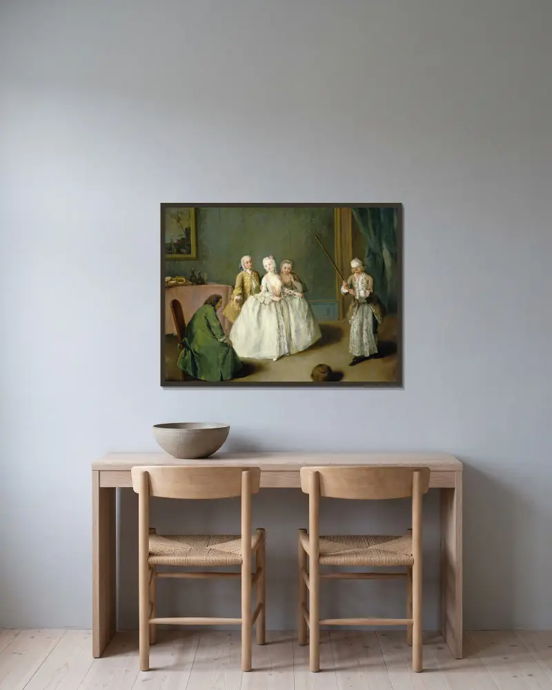 The Game of the Cooking Pot av Pietro Longhi inramad på en vägg