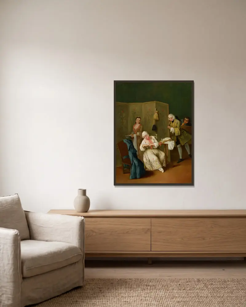 The Indiscreet Gentleman av Pietro Longhi inramad på en vägg