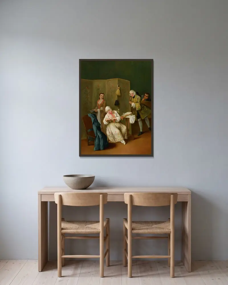 The Indiscreet Gentleman av Pietro Longhi inramad på en vägg