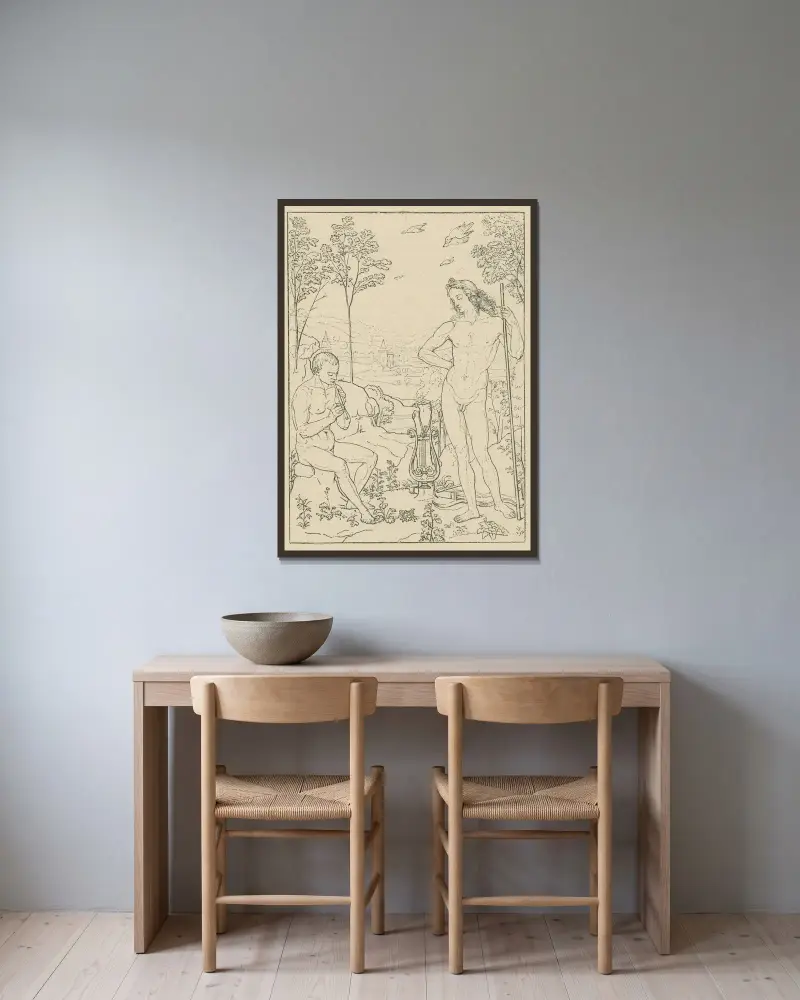 Apollon et Marsyas av Pietro Perugino inramad på en vägg