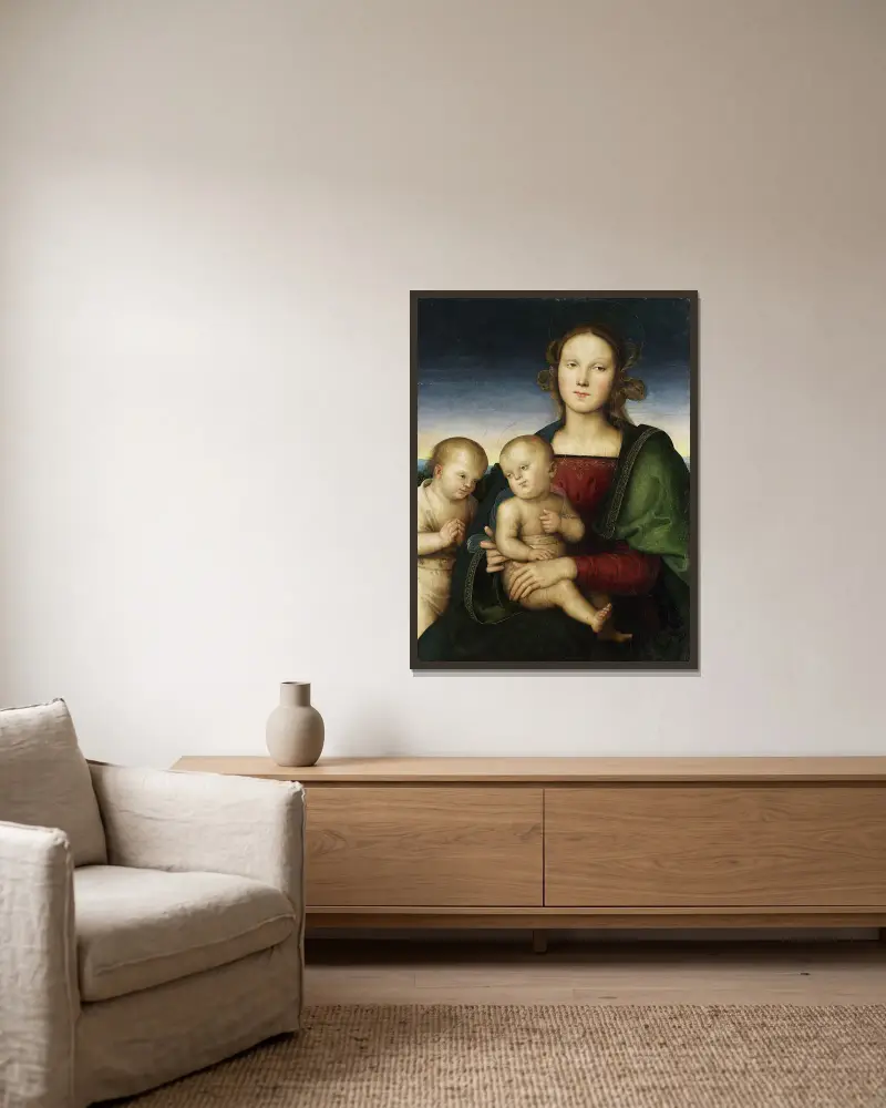 Madonnan och barnet med den lille Johannes av Pietro Perugino inramad på en vägg
