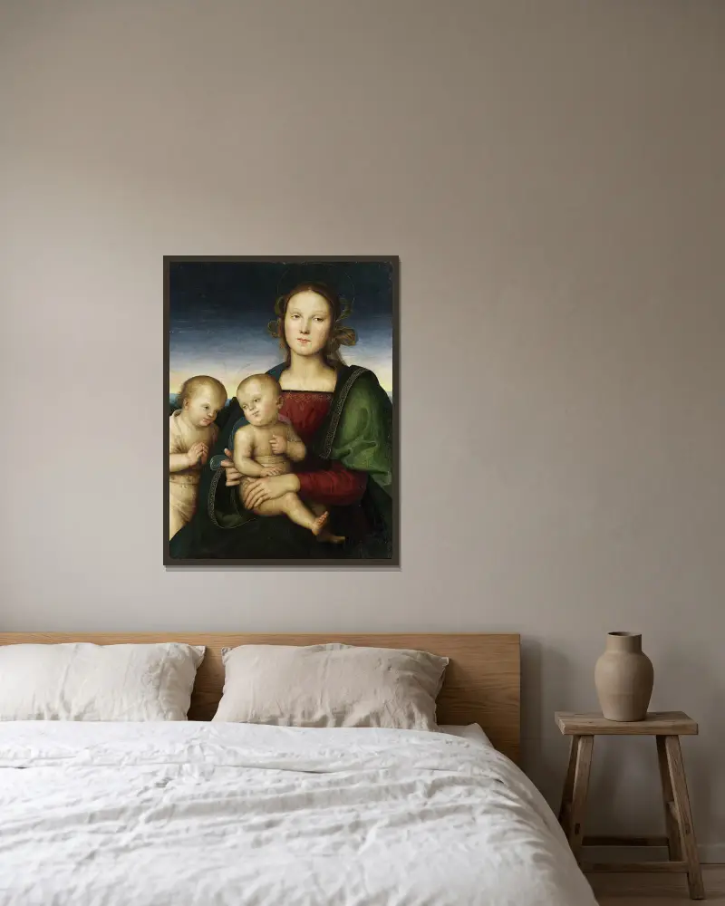 Madonnan och barnet med den lille Johannes av Pietro Perugino inramad på en vägg