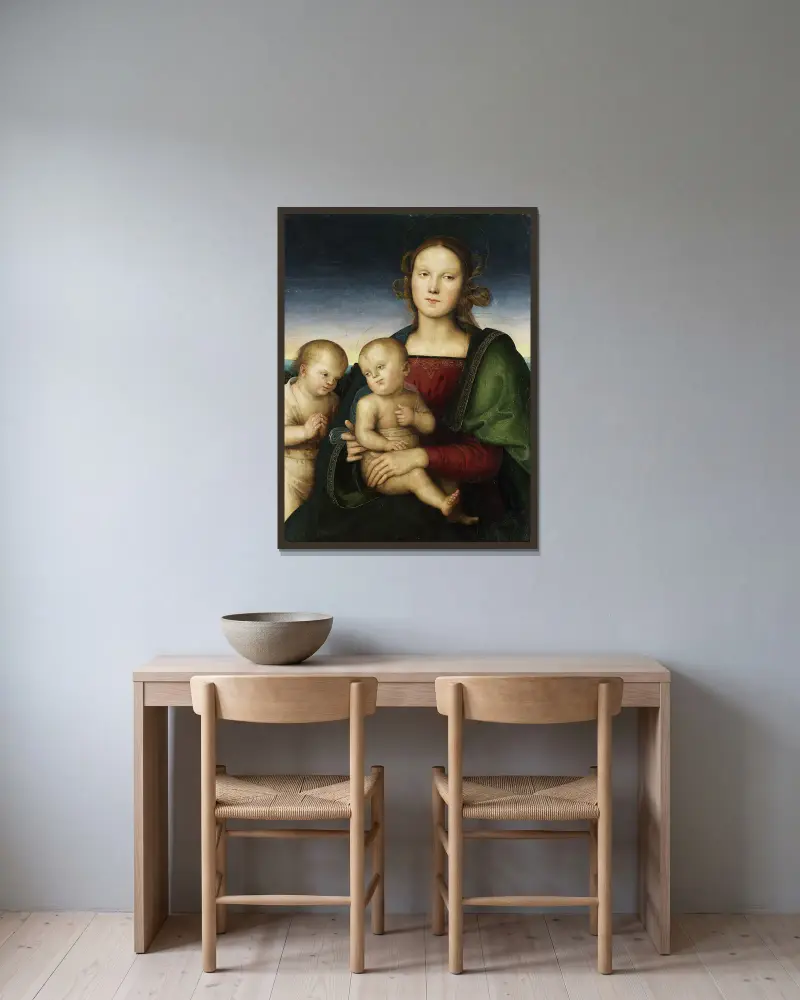 Madonnan och barnet med den lille Johannes av Pietro Perugino inramad på en vägg