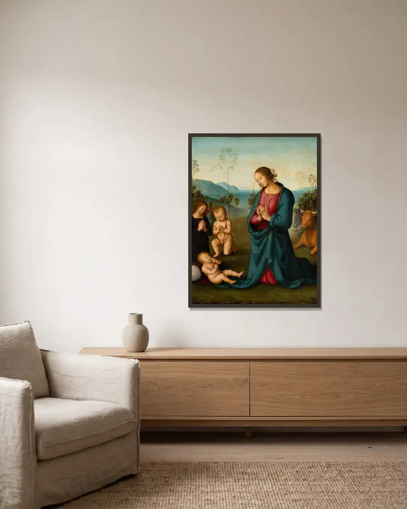 Madonna, the Infant St. John and an angel, worshiping the Christ Child av Pietro Perugino inramad på en vägg