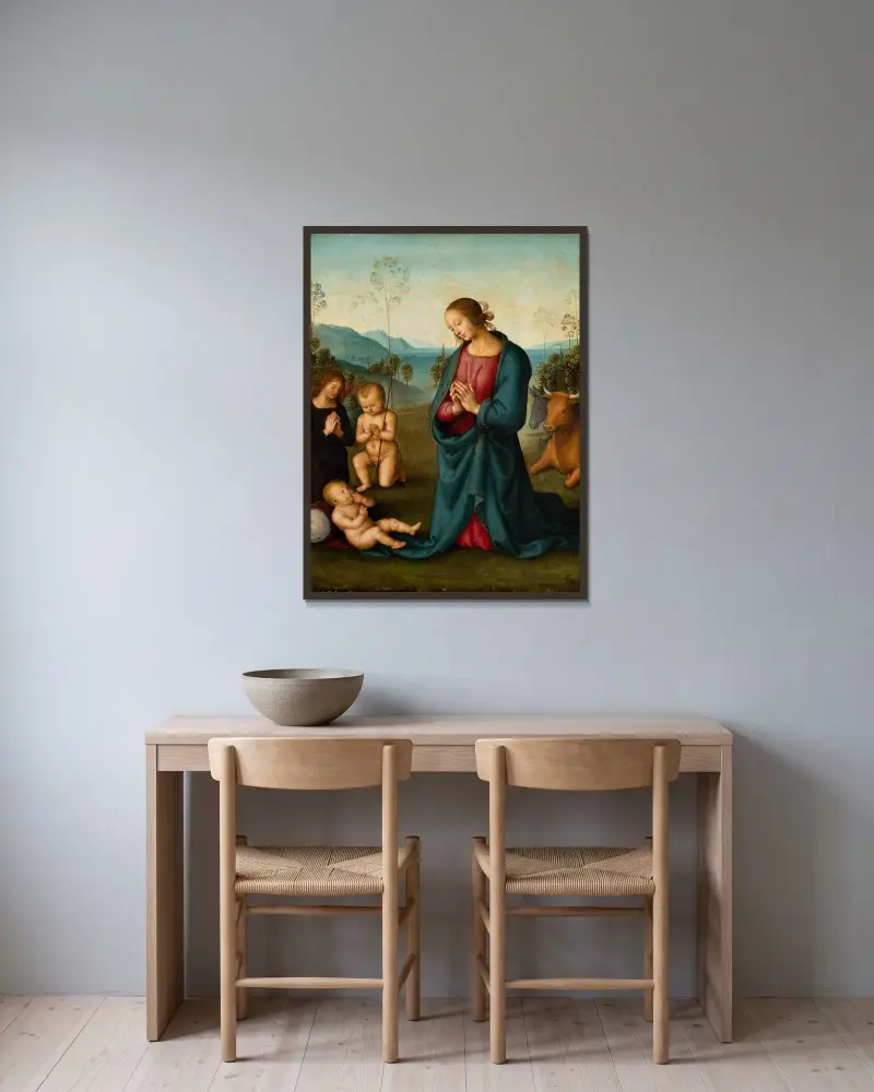 Madonna, the Infant St. John and an angel, worshiping the Christ Child av Pietro Perugino inramad på en vägg