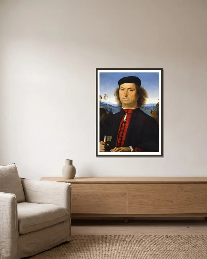 Portrait of Francesco delle Opere av Pietro Perugino inramad på en vägg