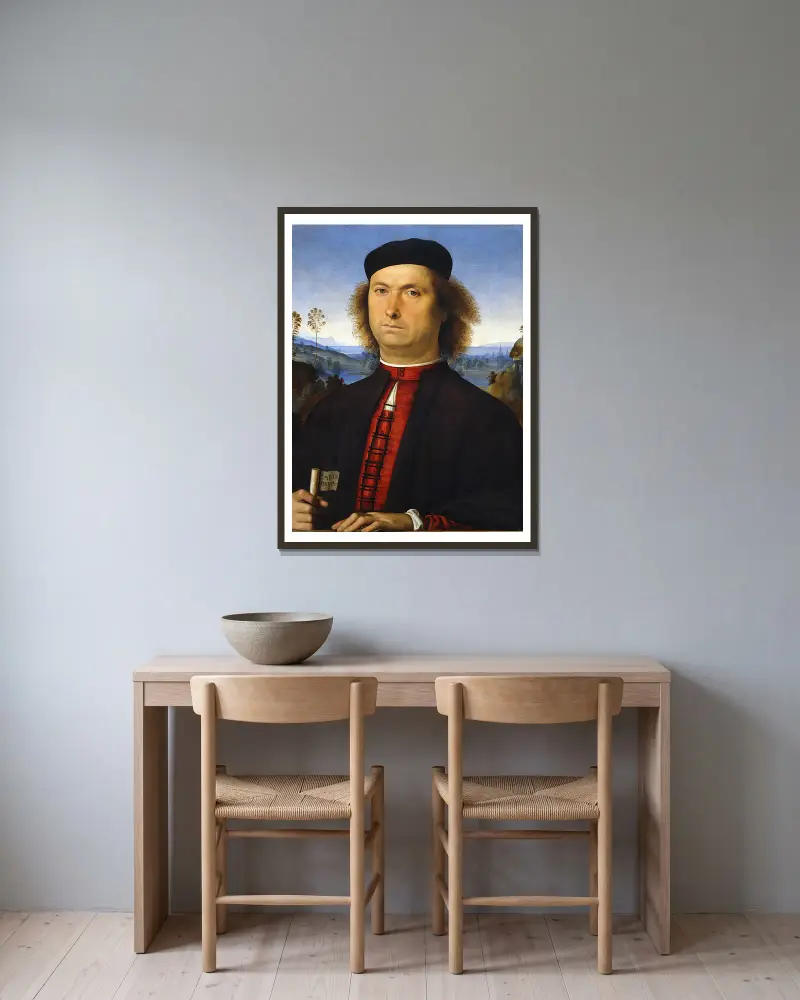 Portrait of Francesco delle Opere av Pietro Perugino inramad på en vägg