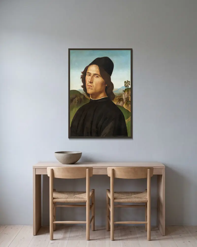 Portrait of Lorenzo di Cred av Pietro Perugino inramad på en vägg
