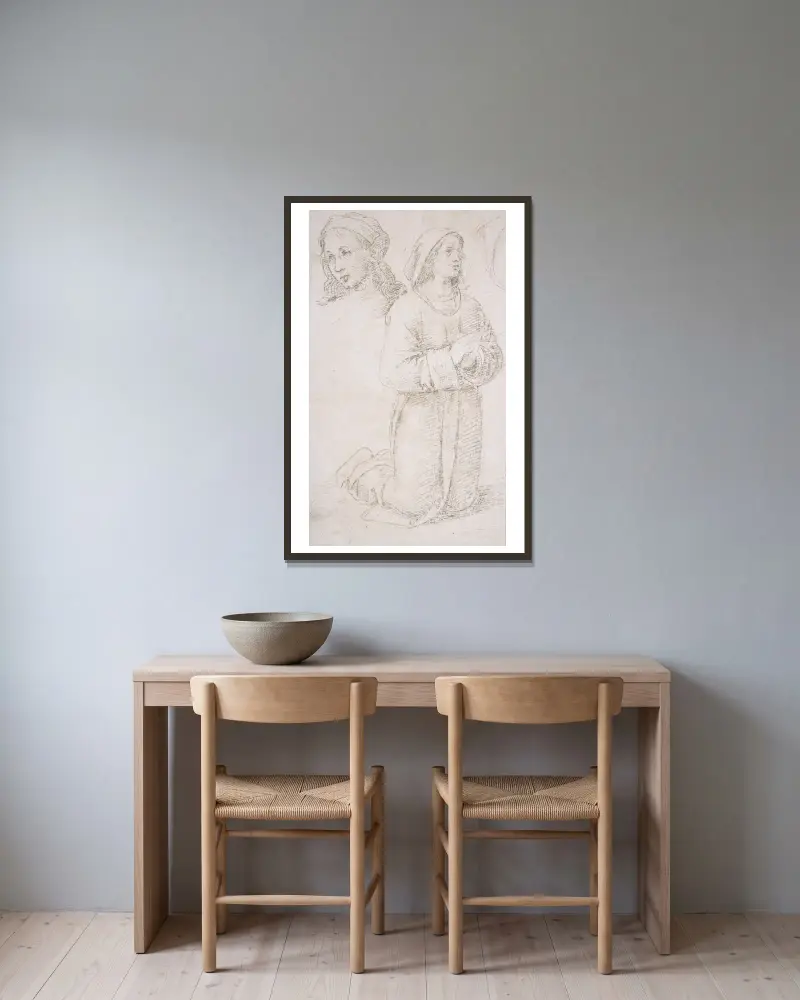 Study of a Kneeling Youth and of the Head of Another av Pietro Perugino inramad på en vägg