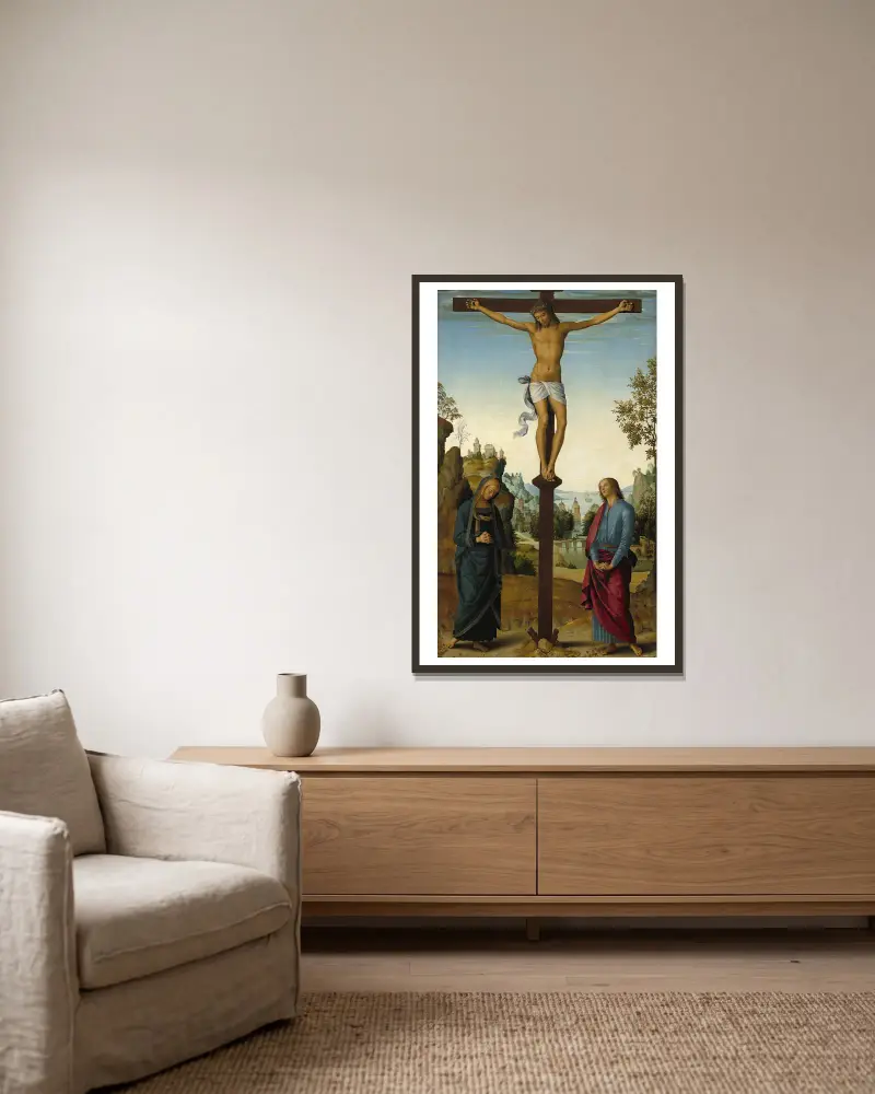 The Crucifixion with the Virgin,Saint John,Saint Jerome and Saint Mary Magdalene av Pietro Perugino inramad på en vägg