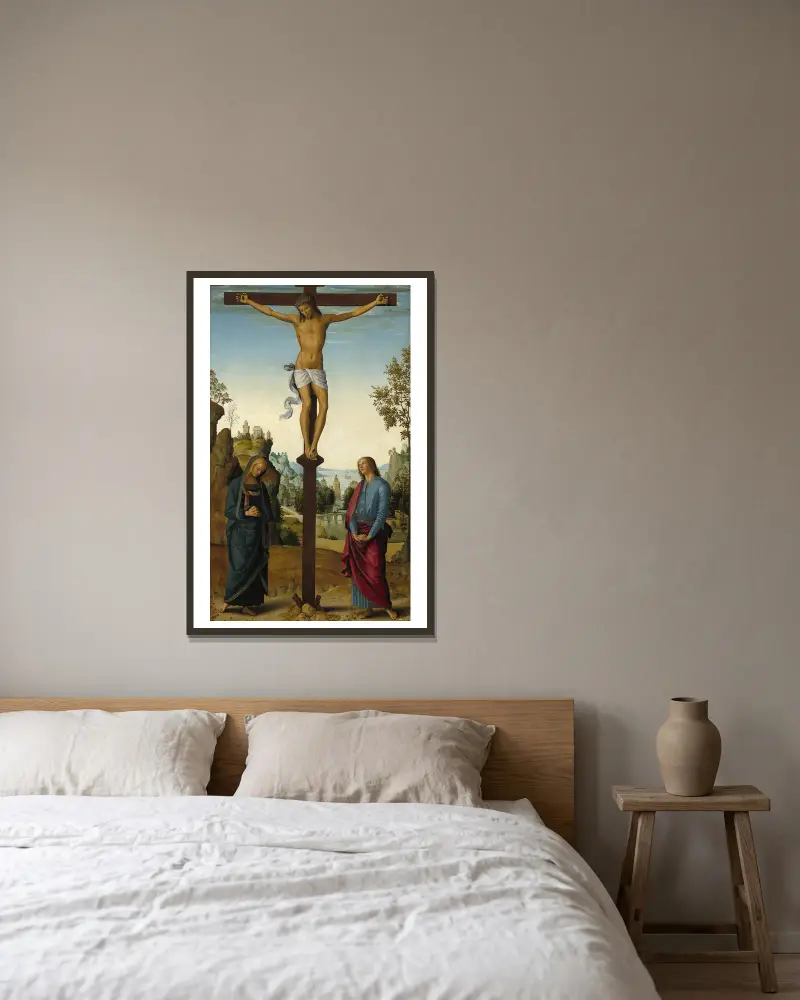 The Crucifixion with the Virgin,Saint John,Saint Jerome and Saint Mary Magdalene av Pietro Perugino inramad på en vägg
