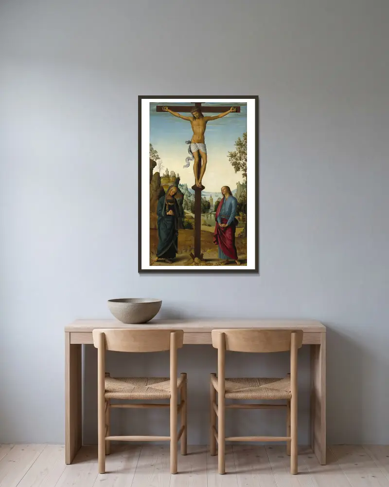 The Crucifixion with the Virgin,Saint John,Saint Jerome and Saint Mary Magdalene av Pietro Perugino inramad på en vägg