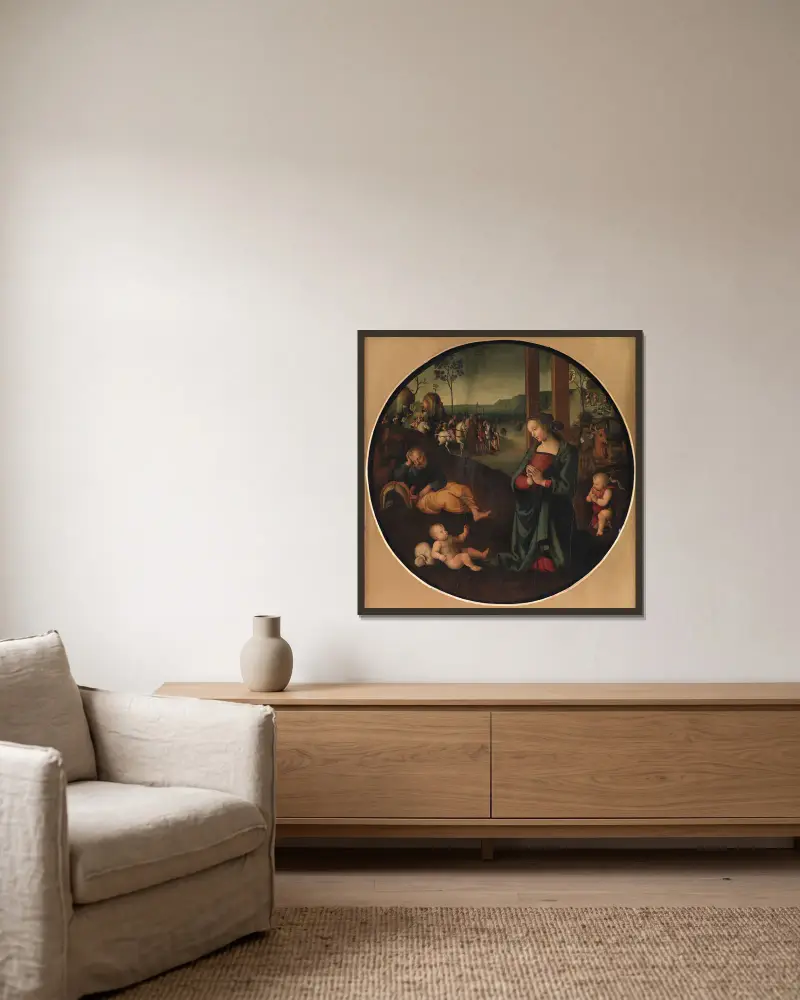 The Holy Family av Pietro Perugino inramad på en vägg