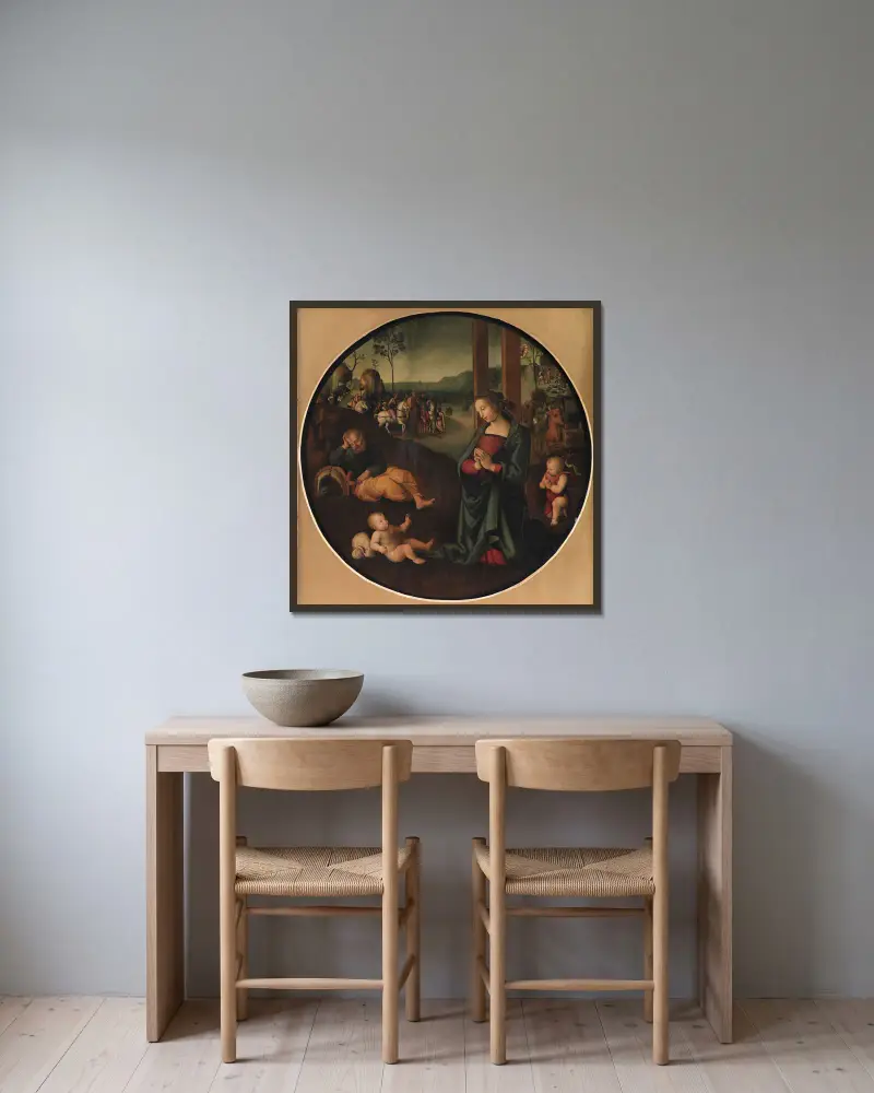 The Holy Family av Pietro Perugino inramad på en vägg