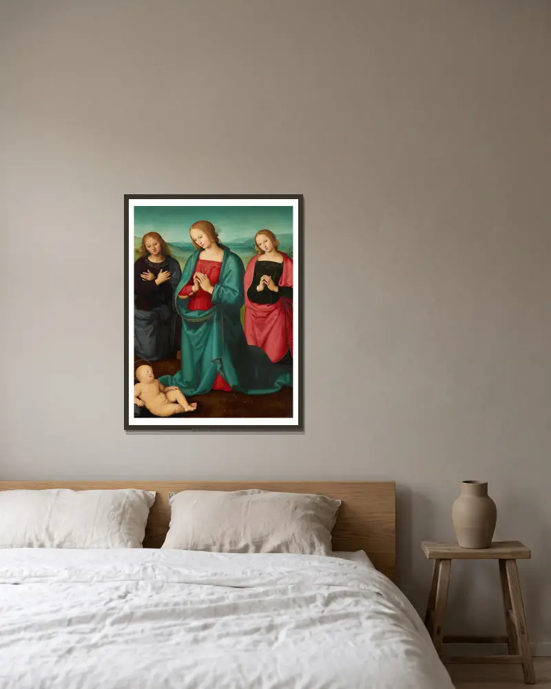 Jungfrun och helgonen tillber Kristusbarnet av Pietro Perugino inramad på en vägg