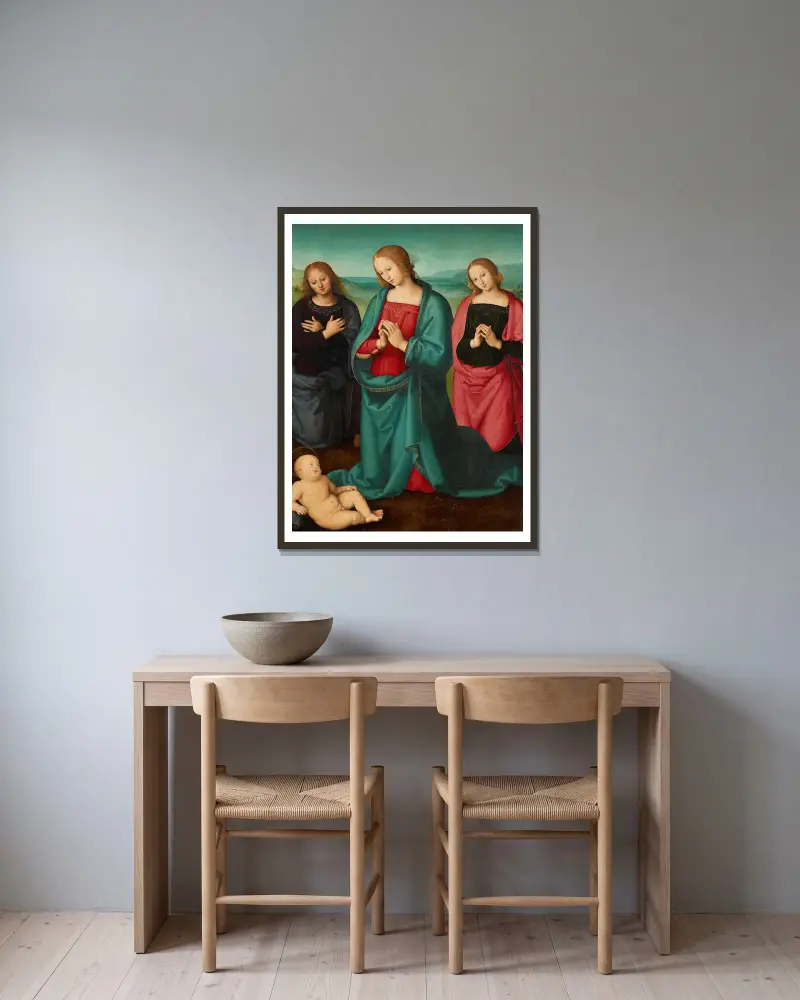 Jungfrun och helgonen tillber Kristusbarnet av Pietro Perugino inramad på en vägg