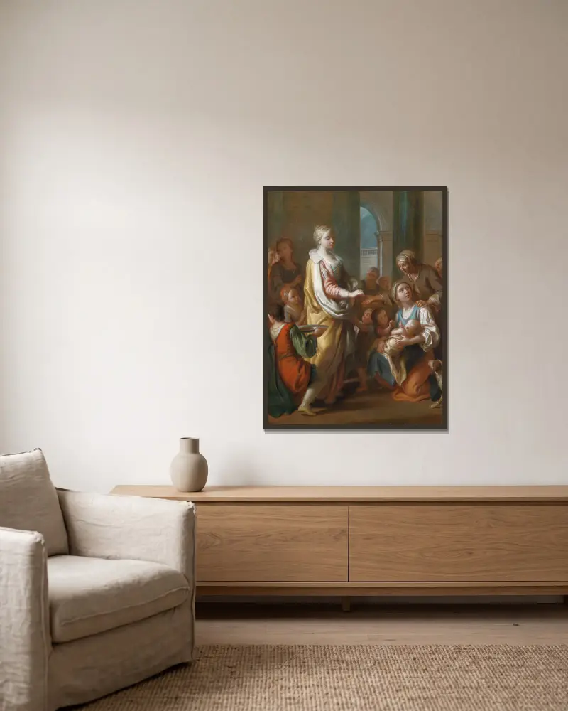 St. Elisabeth Distributes Alms av Pietro Rotari inramad på en vägg