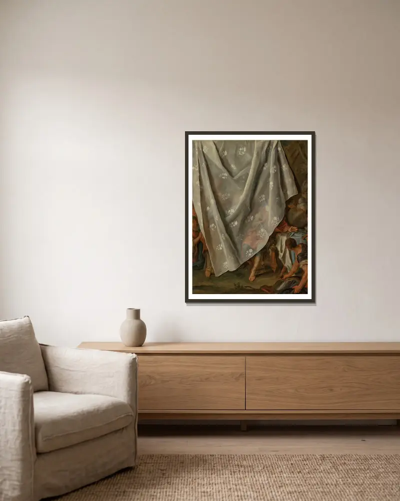 Mötet mellan Alexander den store och Roxana, bakom en trompe l'oeil-förhäng av Pietro Rotari inramad på en vägg