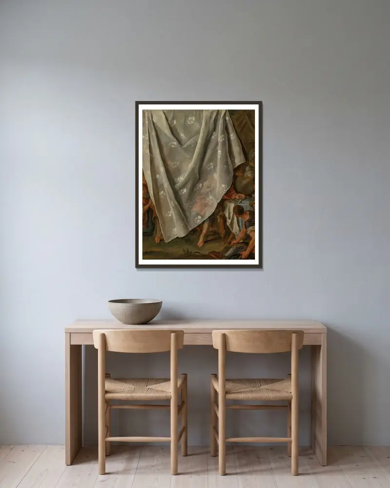 Mötet mellan Alexander den store och Roxana, bakom en trompe l'oeil-förhäng av Pietro Rotari inramad på en vägg