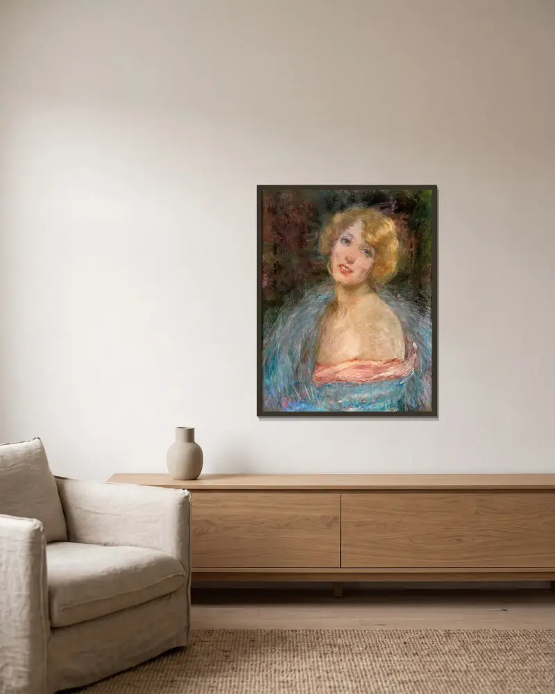 Blond flicka med boa av Alice Pike Barney inramad på en vägg