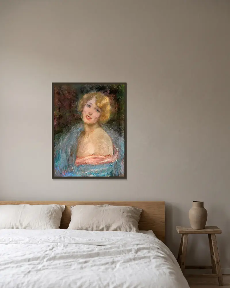 Blond flicka med boa av Alice Pike Barney inramad på en vägg