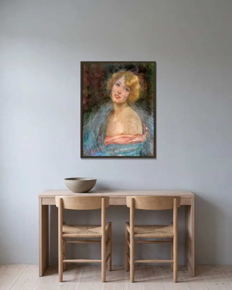 Blond flicka med boa av Alice Pike Barney inramad på en vägg