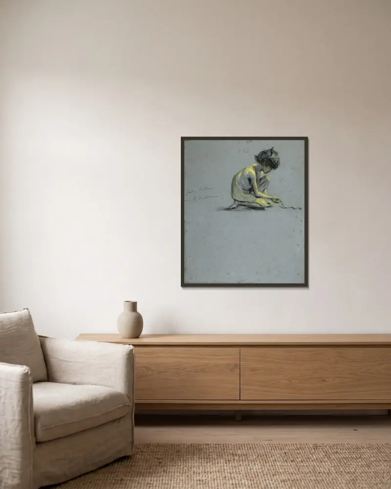 Hockender Junge mit Schlange von Alice Pike Barney gerahmt an einer Wand