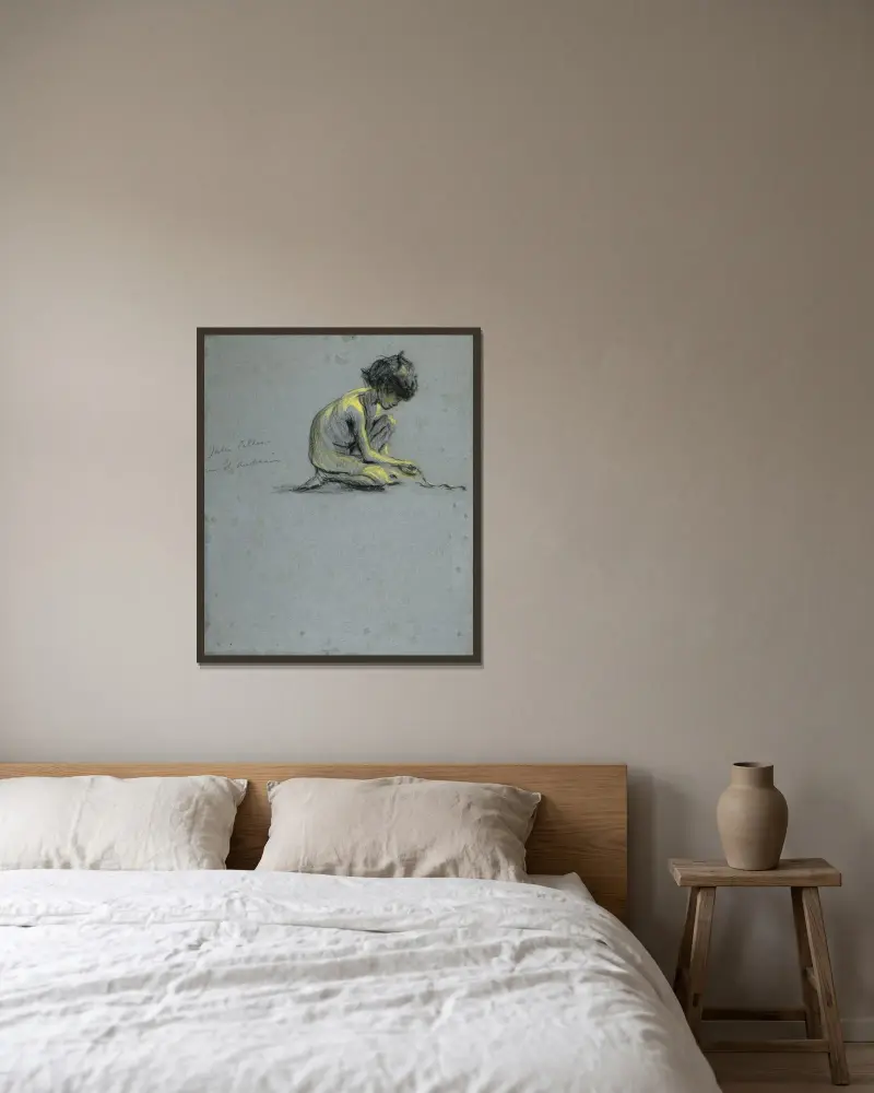 Hockender Junge mit Schlange von Alice Pike Barney gerahmt an einer Wand