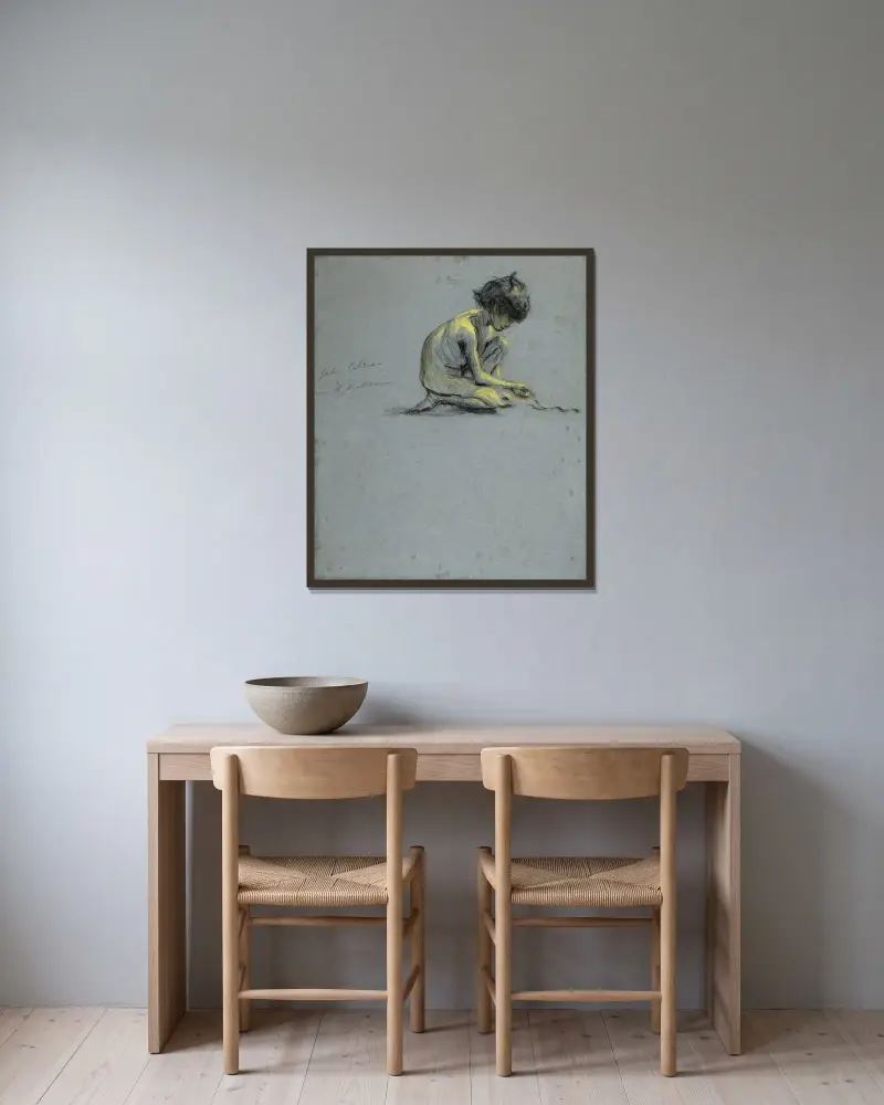 Hockender Junge mit Schlange von Alice Pike Barney gerahmt an einer Wand