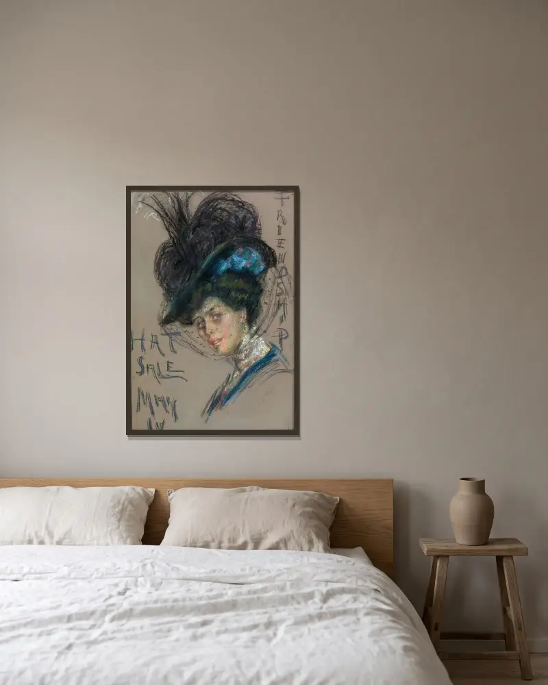 Hattförsäljningsaffisch av Alice Pike Barney inramad på en vägg
