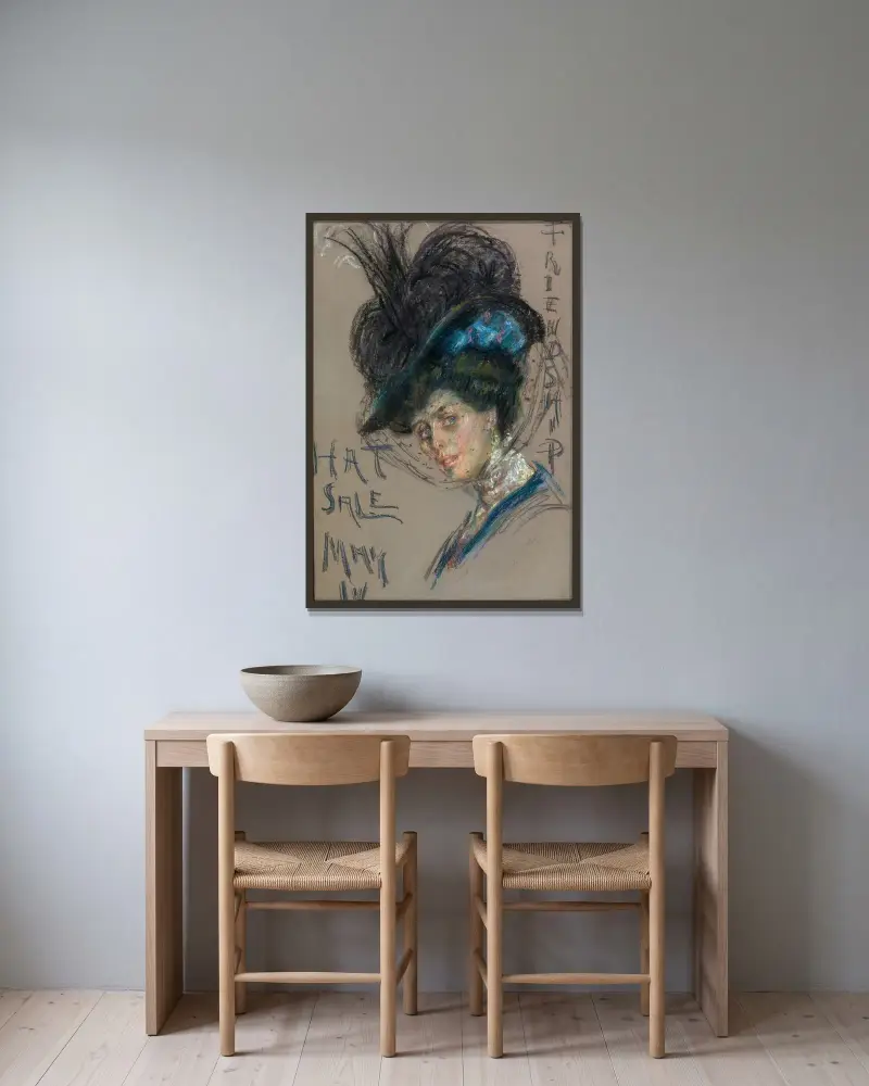 Hattförsäljningsaffisch av Alice Pike Barney inramad på en vägg
