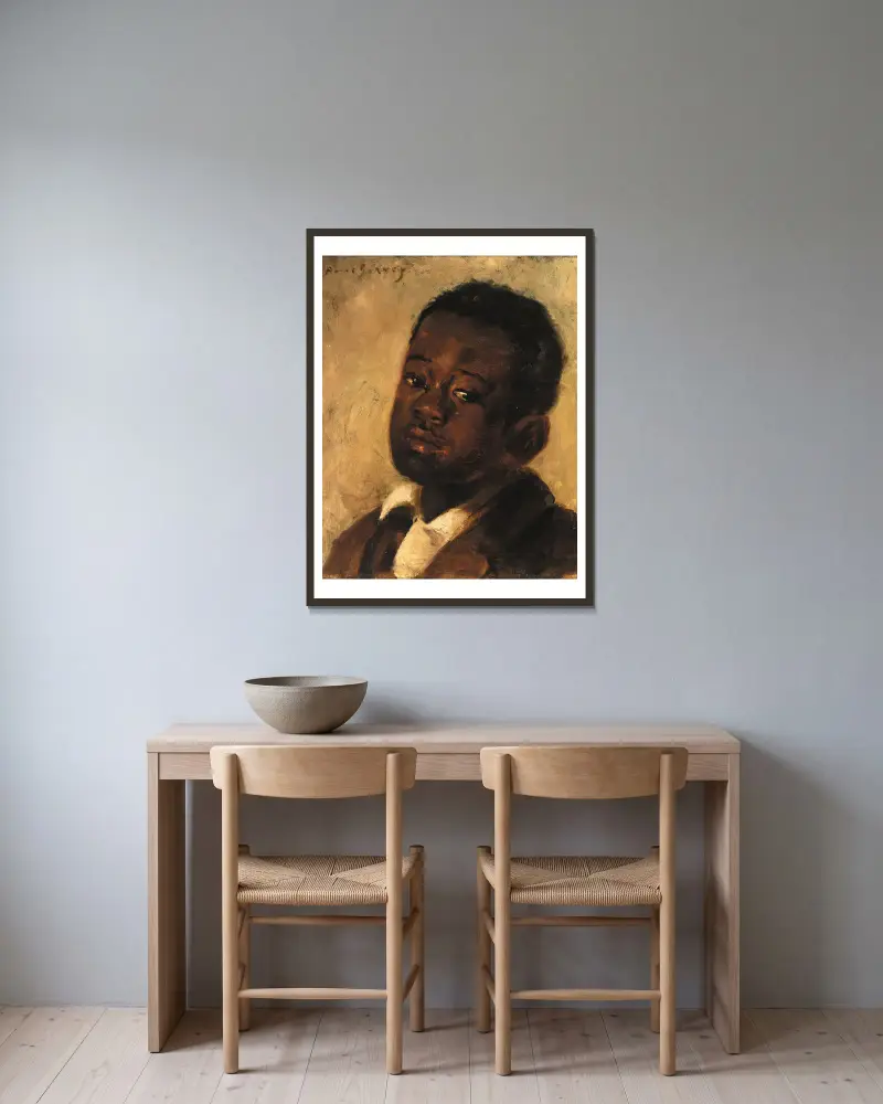 Huvud av en pojke av Alice Pike Barney inramad på en vägg