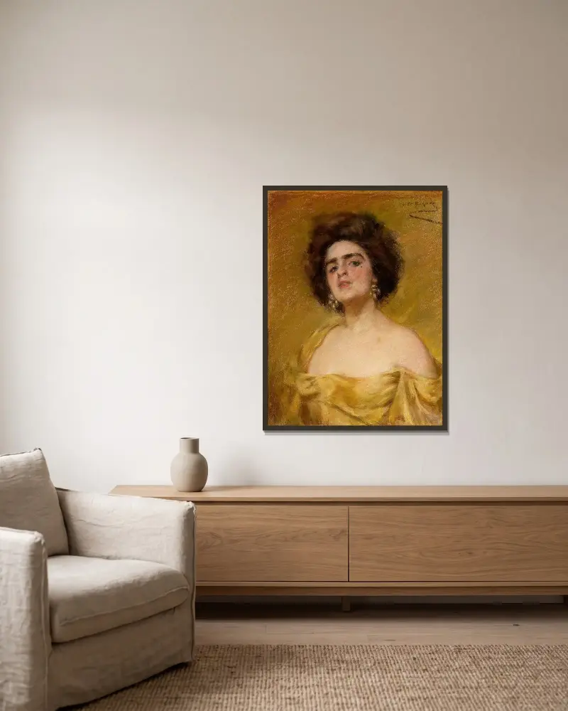 Laura In Yellow av Alice Pike Barney inramad på en vägg