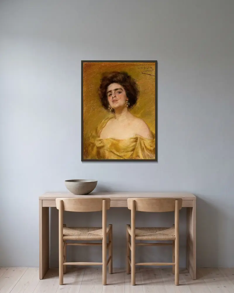 Laura In Yellow av Alice Pike Barney inramad på en vägg