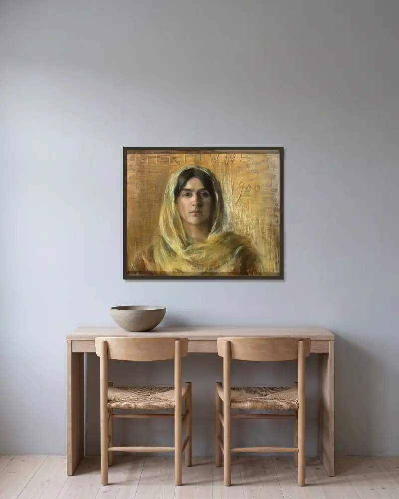 Marianne i gult av Alice Pike Barney inramad på en vägg