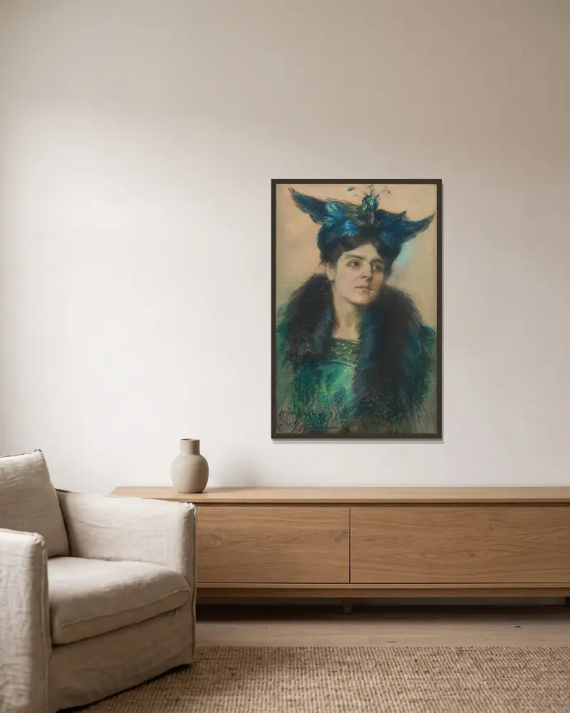 Marianne med hatt av Alice Pike Barney inramad på en vägg