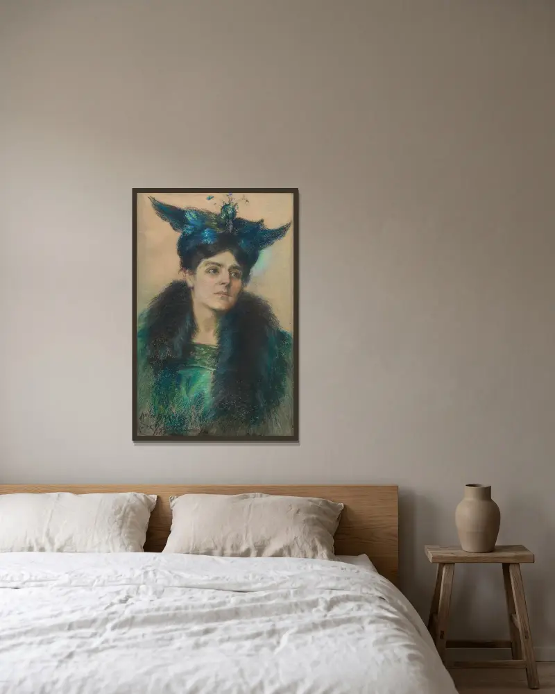 Marianne med hatt av Alice Pike Barney inramad på en vägg