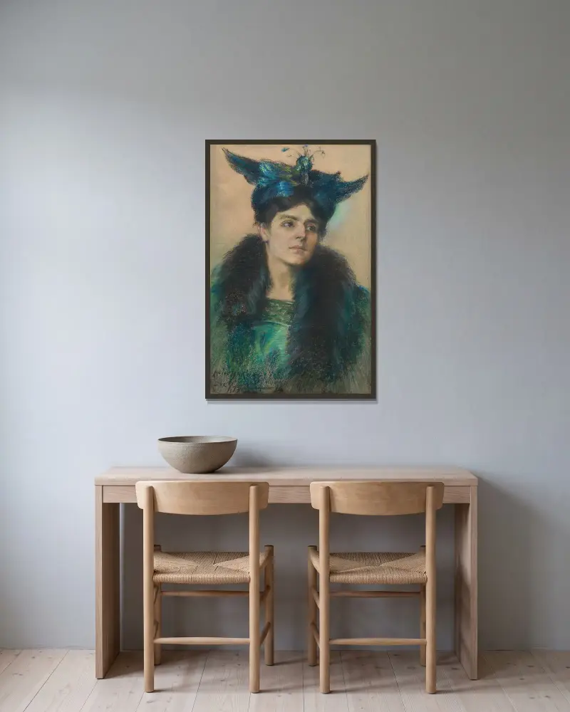 Marianne med hatt av Alice Pike Barney inramad på en vägg