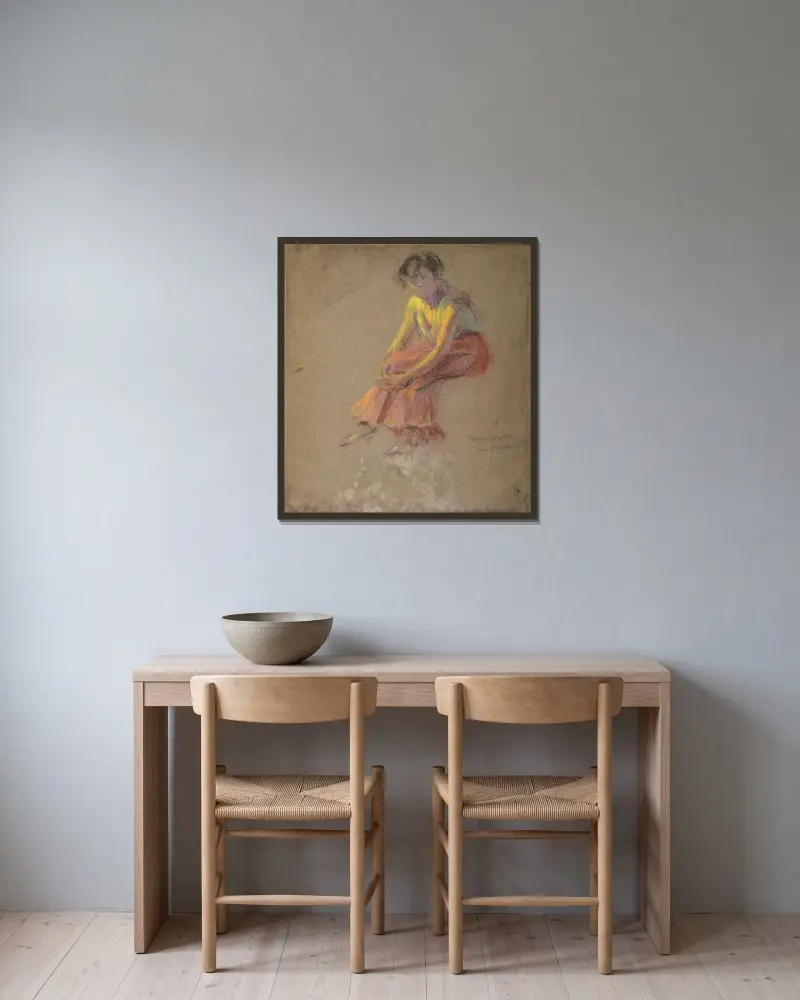Sittande kvinna av Alice Pike Barney inramad på en vägg