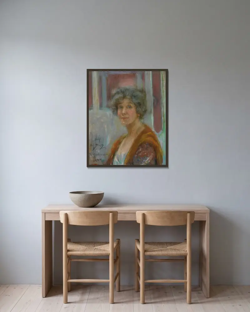 Självporträtt 1924 av Alice Pike Barney inramad på en vägg