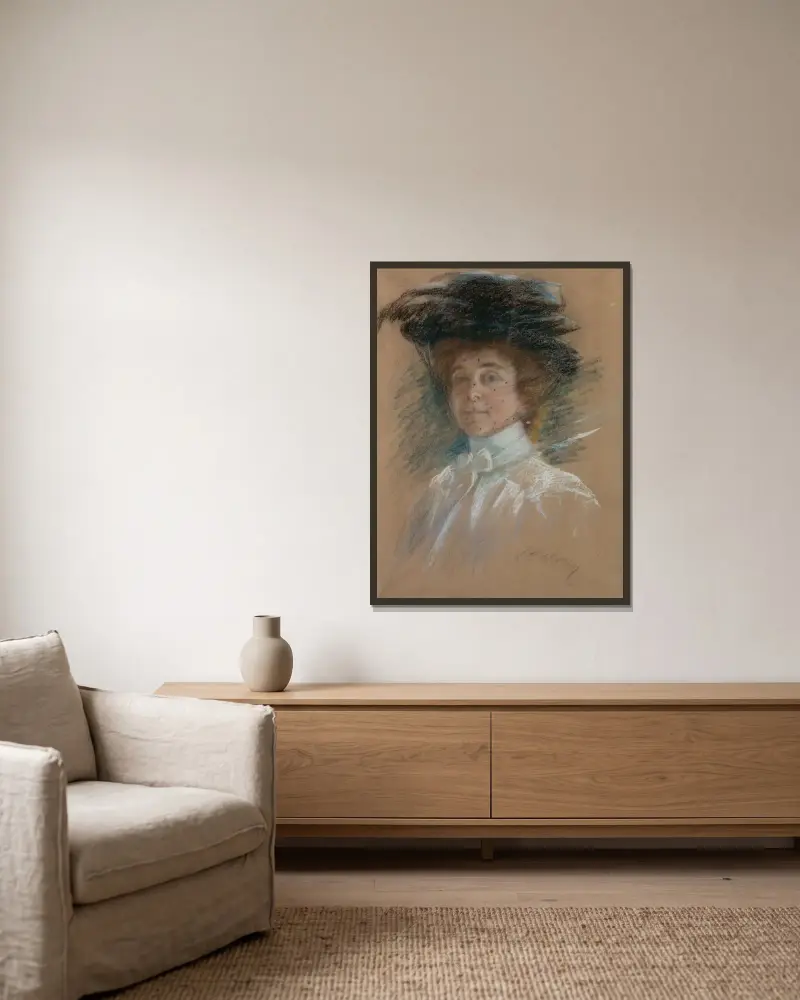 Självporträtt med hatt och slöja av Alice Pike Barney inramad på en vägg