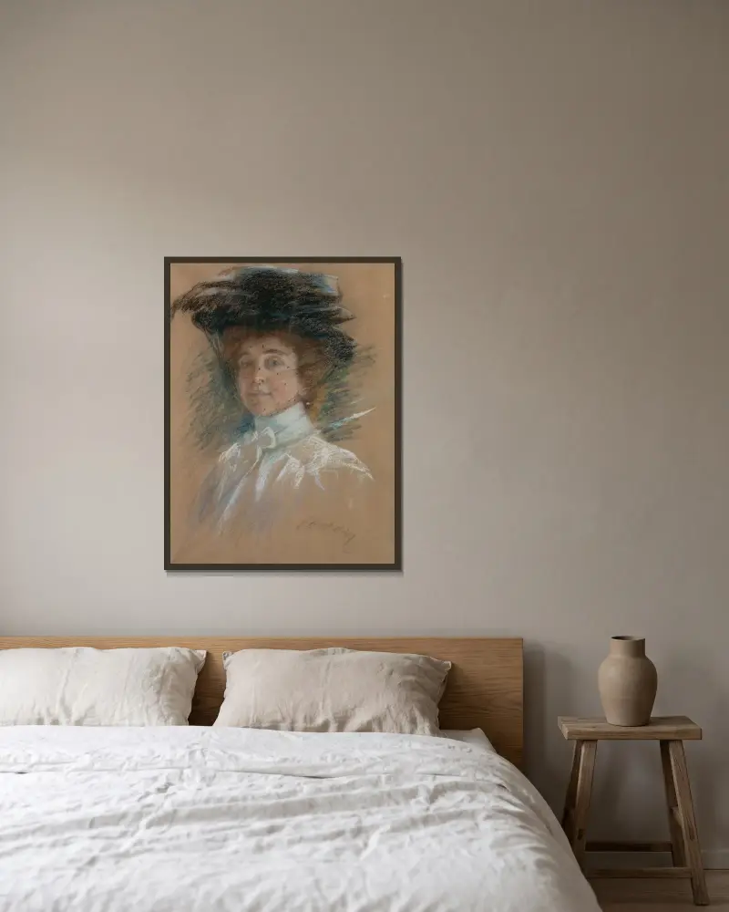 Självporträtt med hatt och slöja av Alice Pike Barney inramad på en vägg
