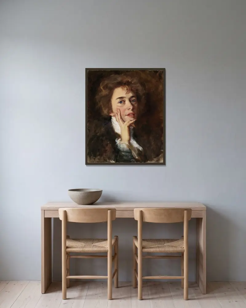 Självporträtt med krås av Alice Pike Barney inramad på en vägg
