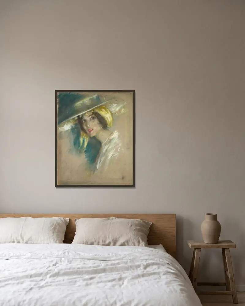 Spansk fantasi I (Juliet Fremont) av Alice Pike Barney inramad på en vägg