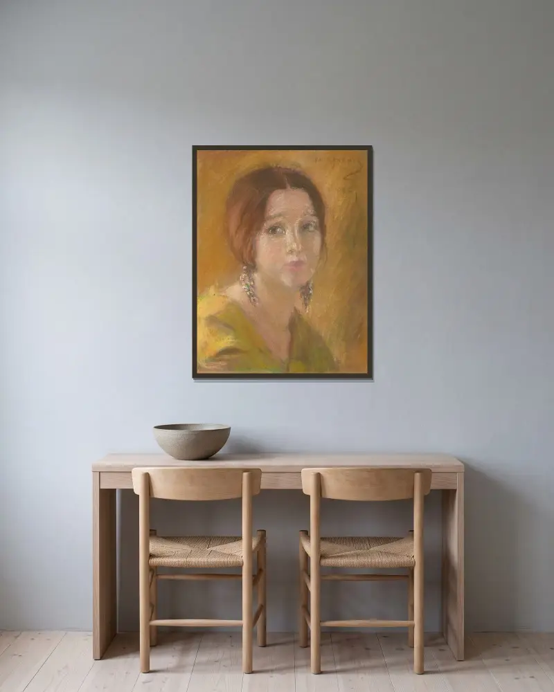 Studie av ett kvinnohuvud av Alice Pike Barney inramad på en vägg