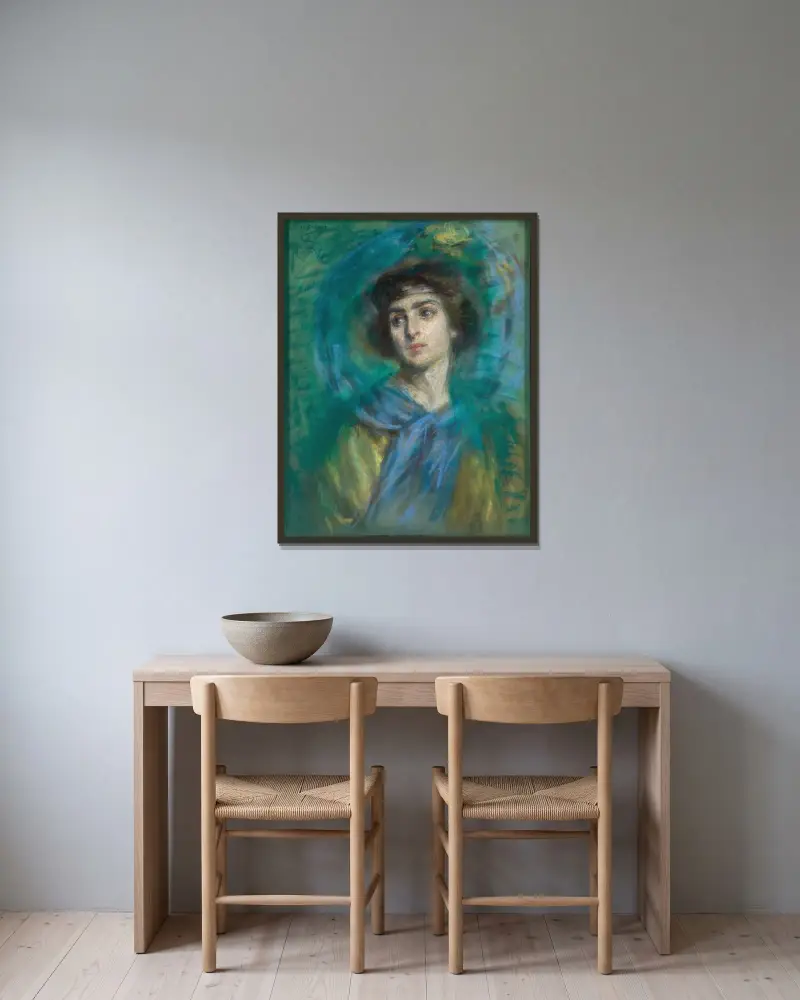 Der blaue Schal von Alice Pike Barney gerahmt an einer Wand