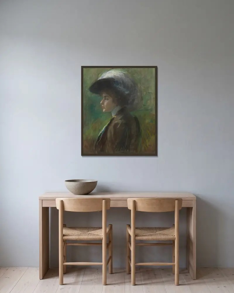 Der Federhut von Alice Pike Barney gerahmt an einer Wand