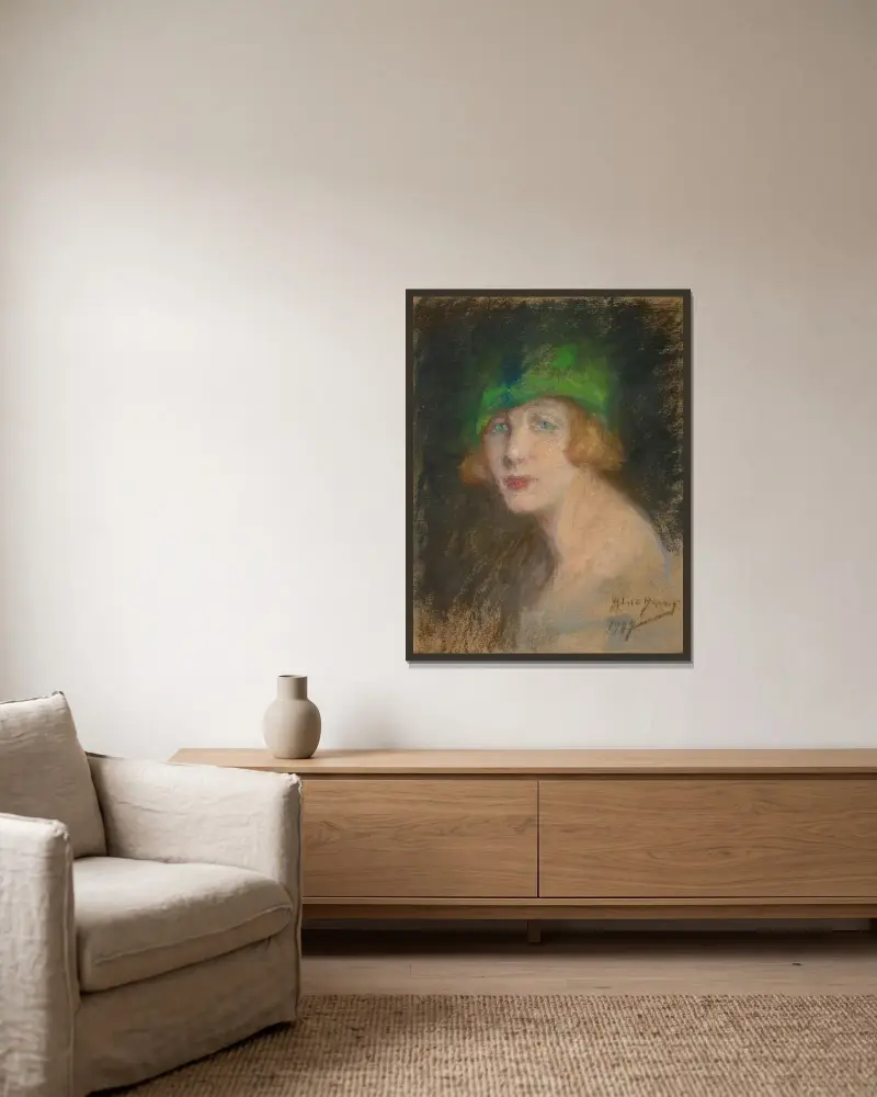 Den gröna hatten av Alice Pike Barney inramad på en vägg