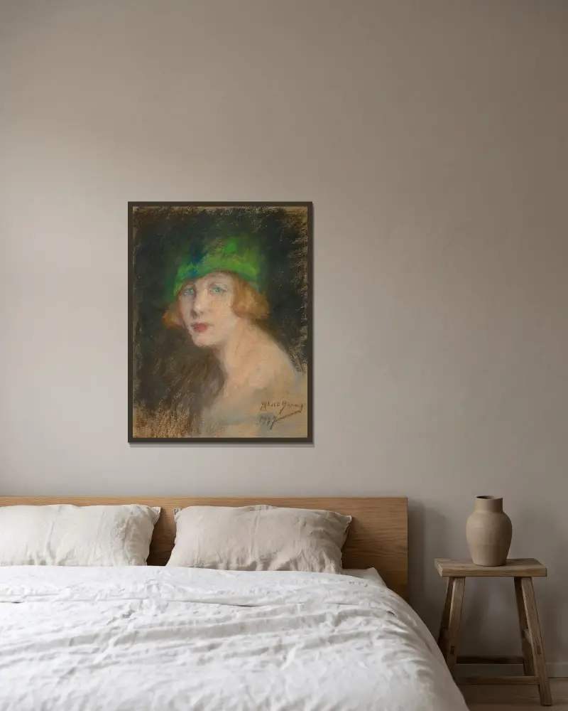 Den gröna hatten av Alice Pike Barney inramad på en vägg