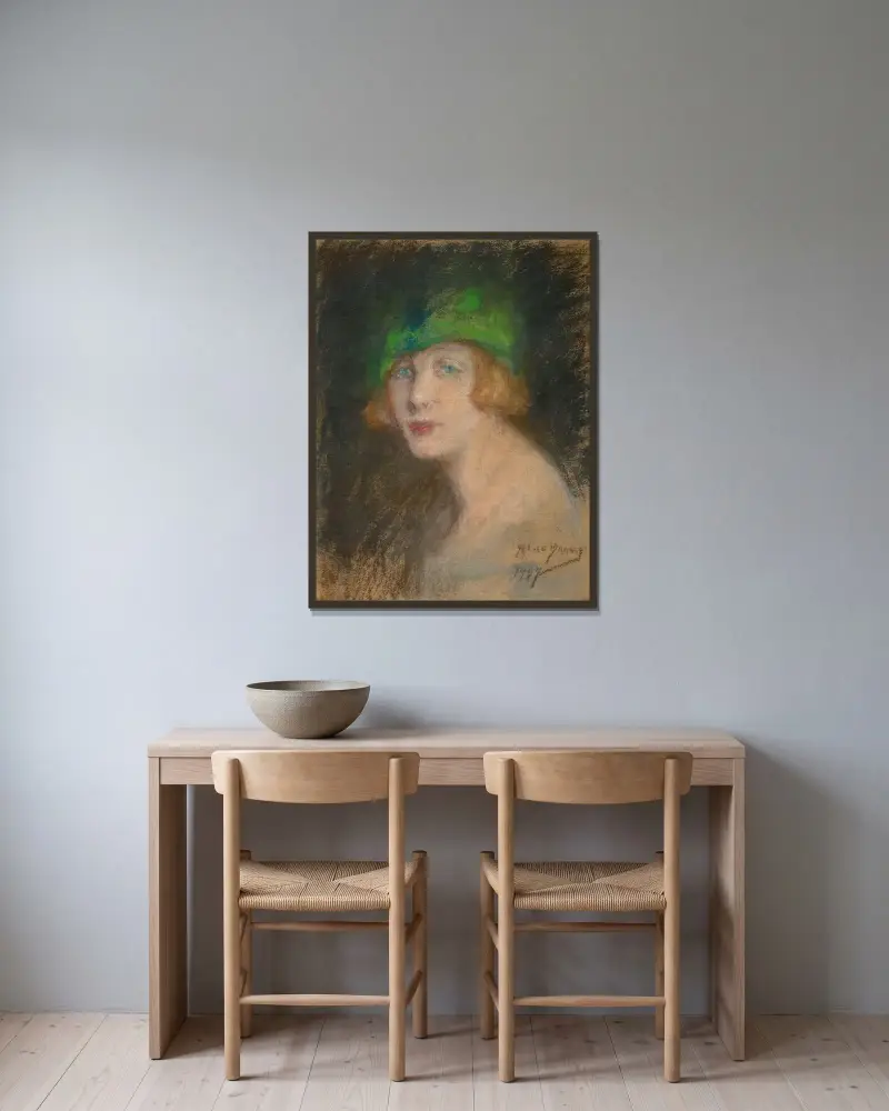 Den gröna hatten av Alice Pike Barney inramad på en vägg